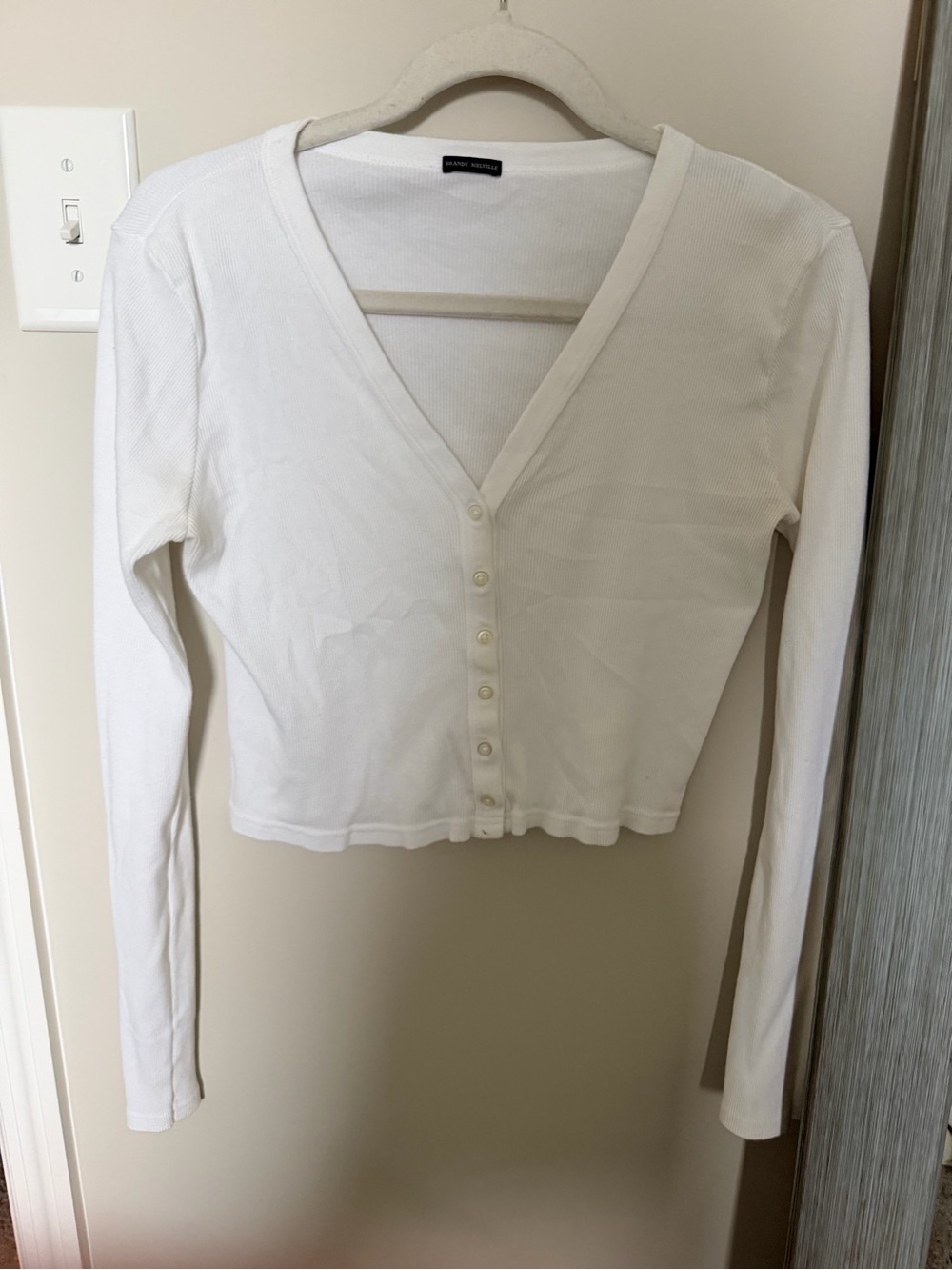 Brandy Melville White V-Neck Button Crop Long Sleeve Top